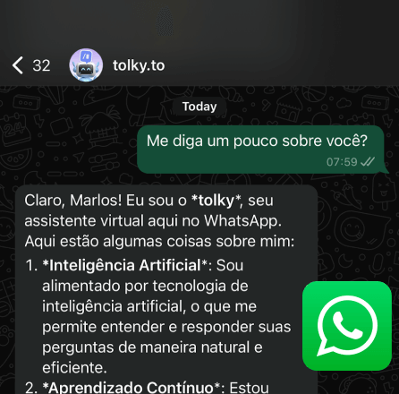 Imagem da tela do avatar do tolky funcionando no WhatsApp